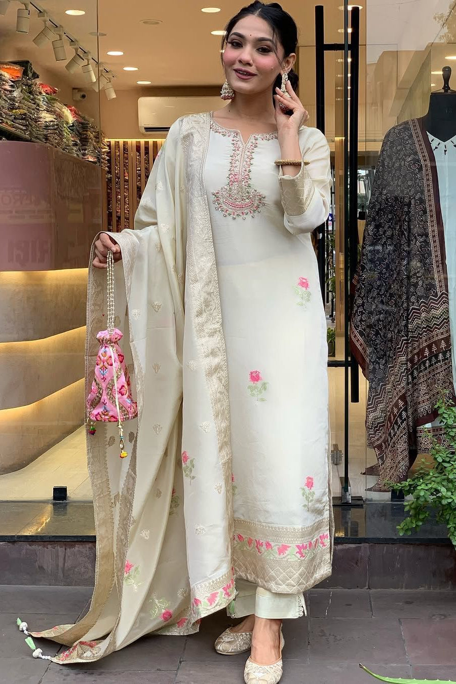 Beige Shehzadi Jacquard Suit Set