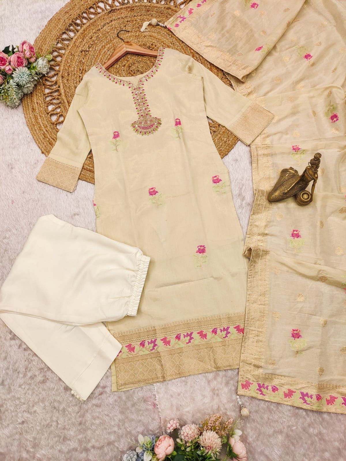 Beige Shehzadi Jacquard Suit Set