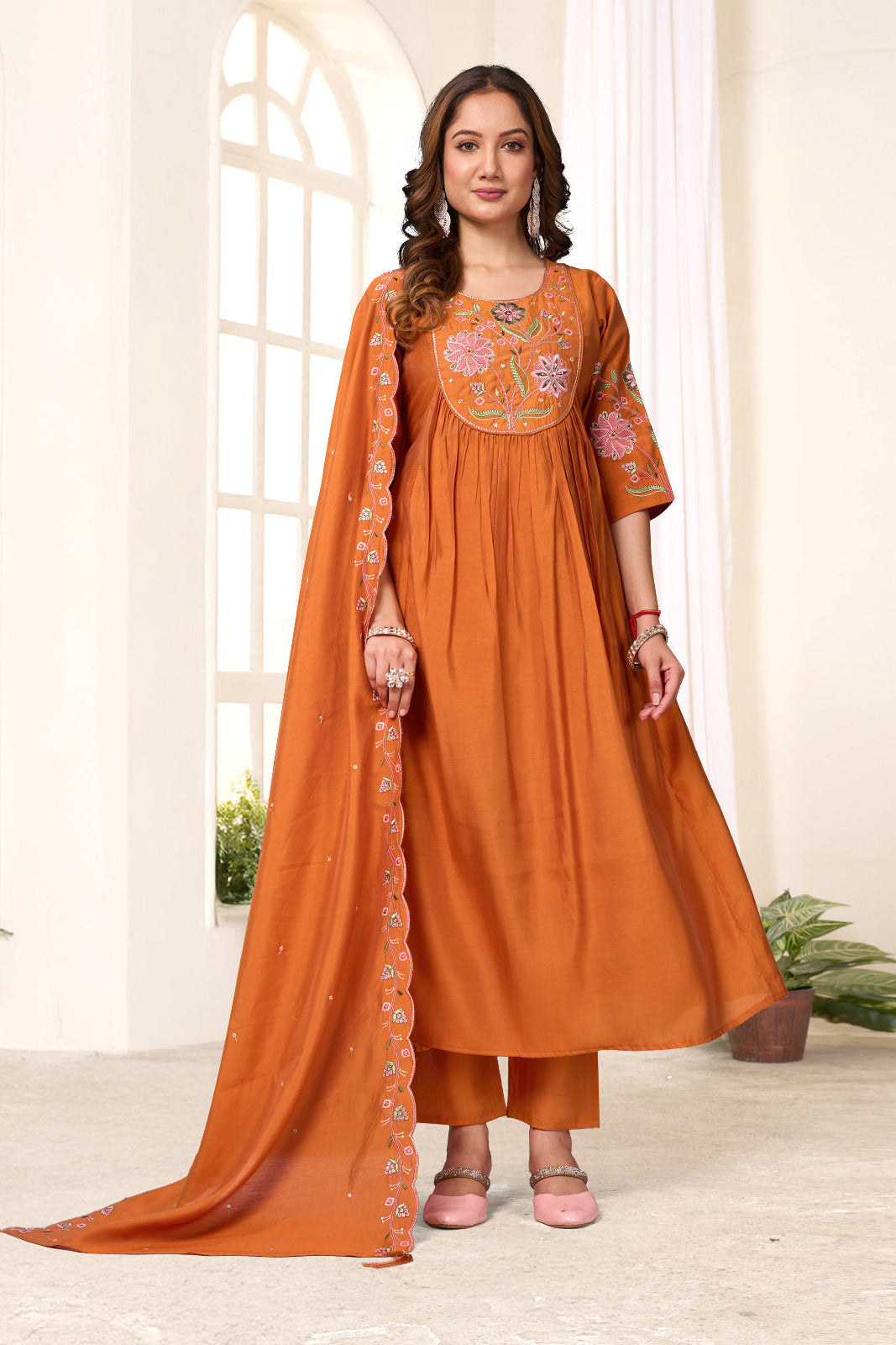 Amber Glow Silk Anarkali Pant Dupatta Set