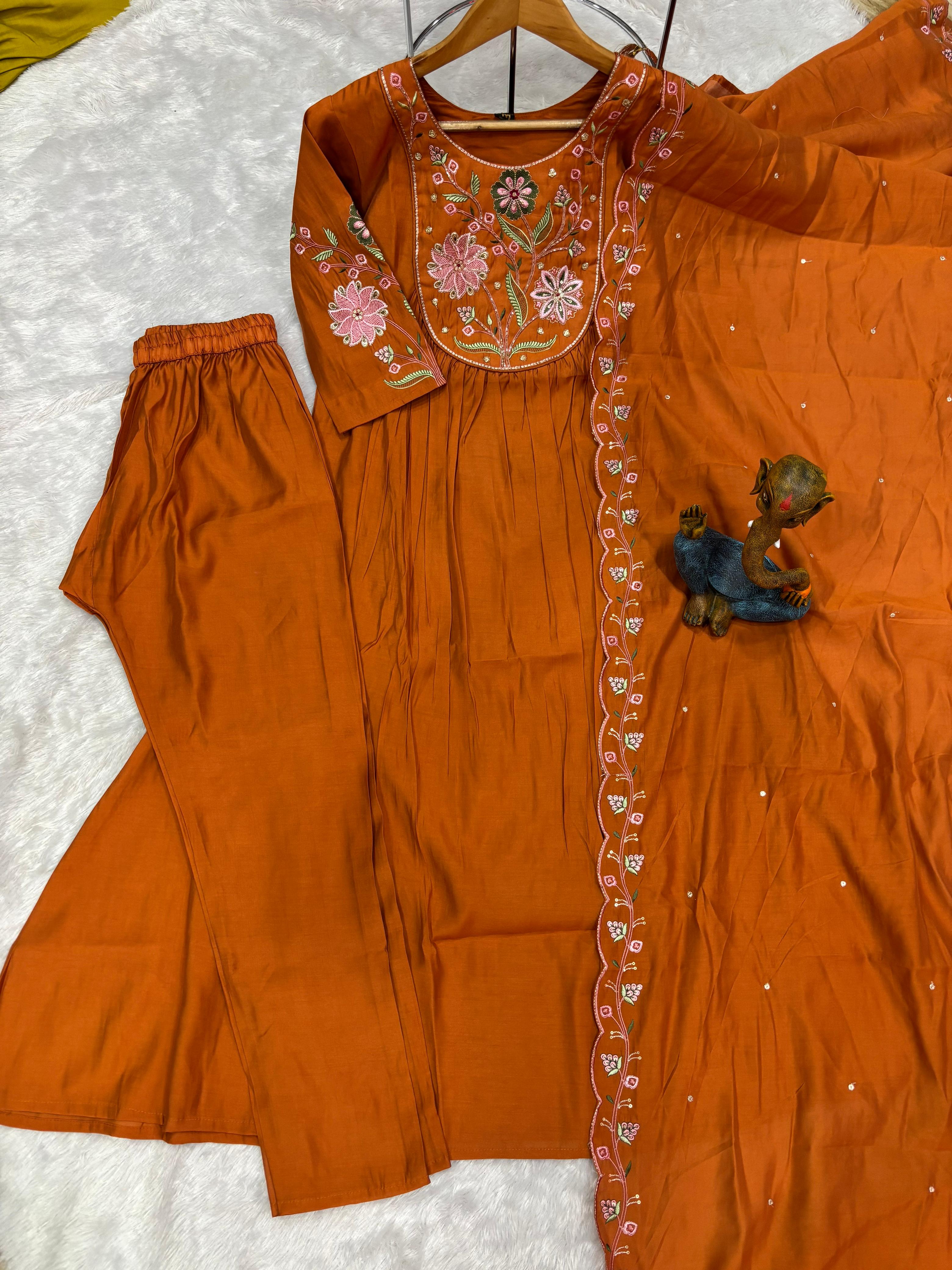 Amber Glow Silk Anarkali Pant Dupatta Set