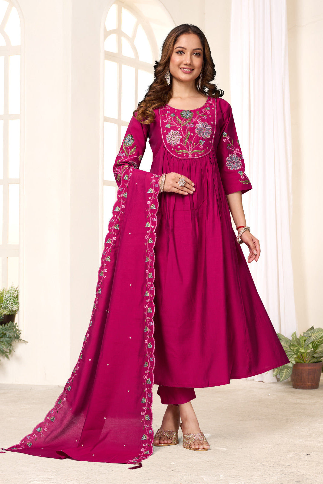 Amber Glow Silk Anarkali Pant Dupatta Set