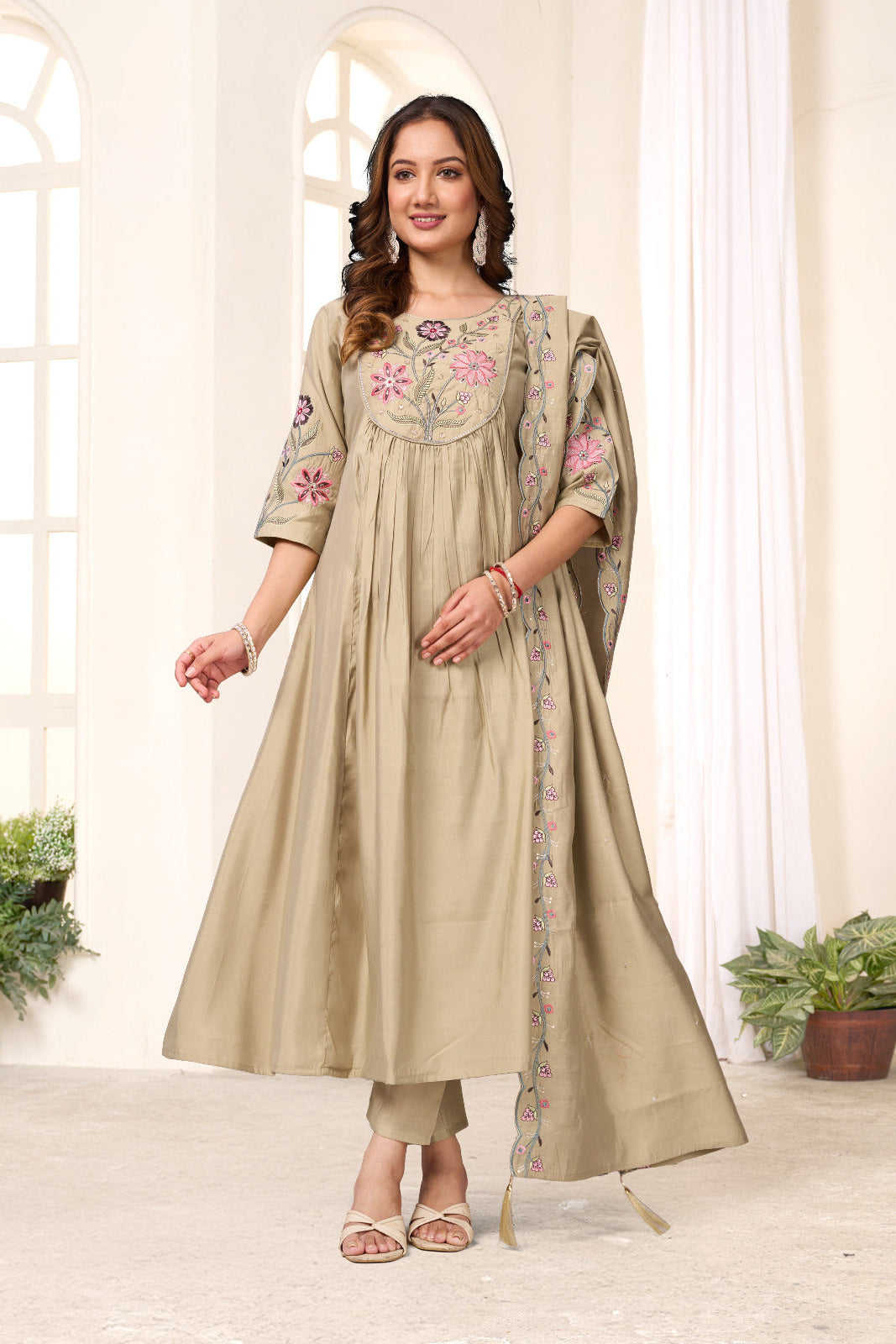 Amber Glow Silk Anarkali Pant Dupatta Set