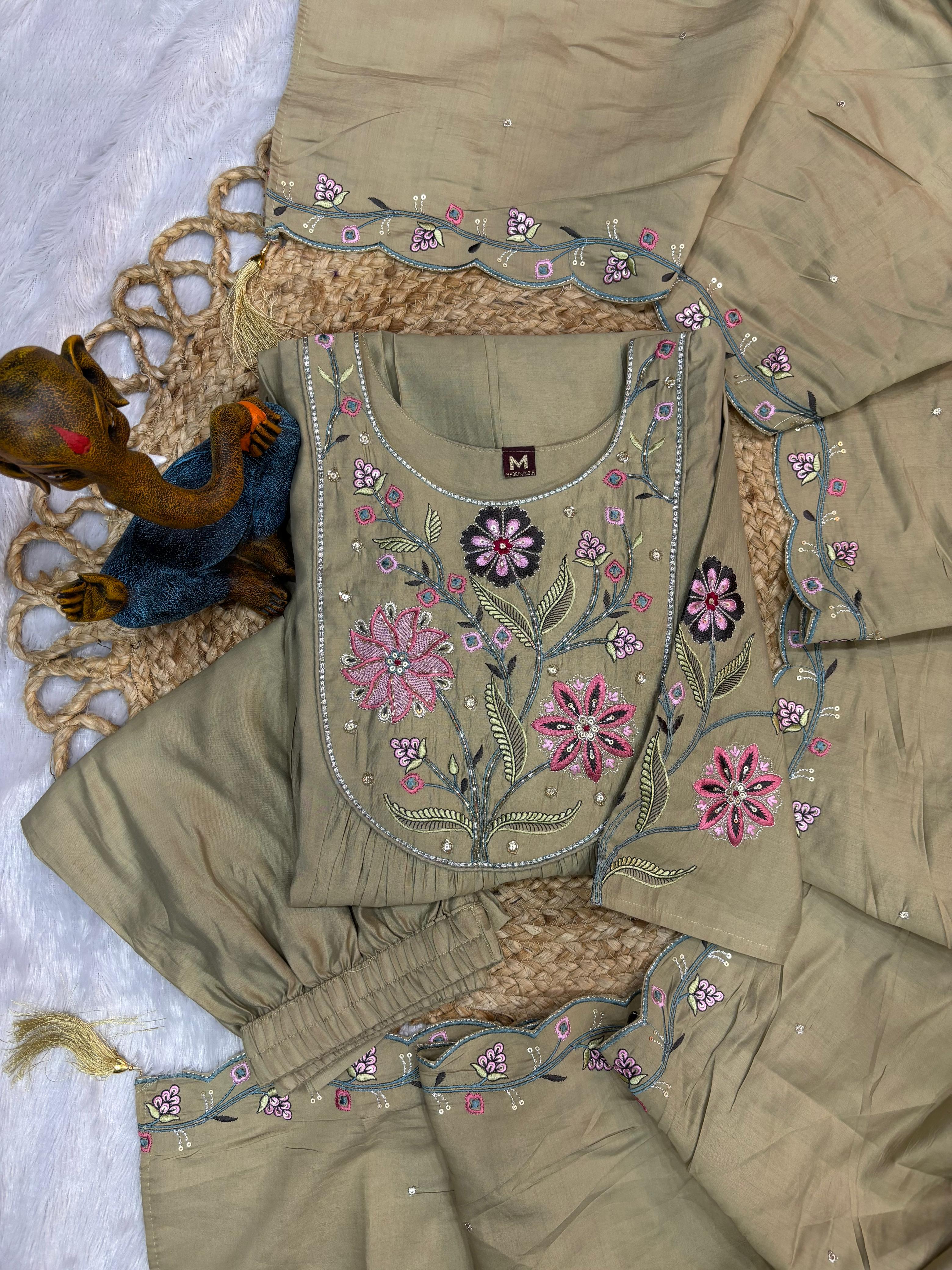 Amber Glow Silk Anarkali Pant Dupatta Set