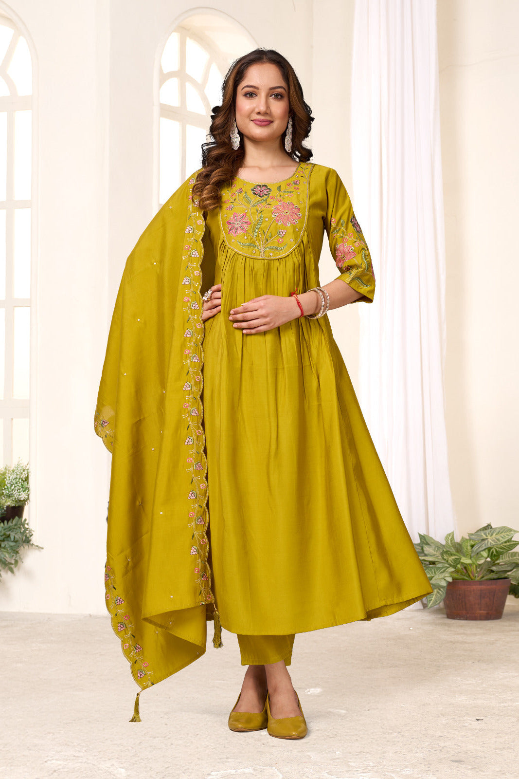 Amber Glow Silk Anarkali Pant Dupatta Set