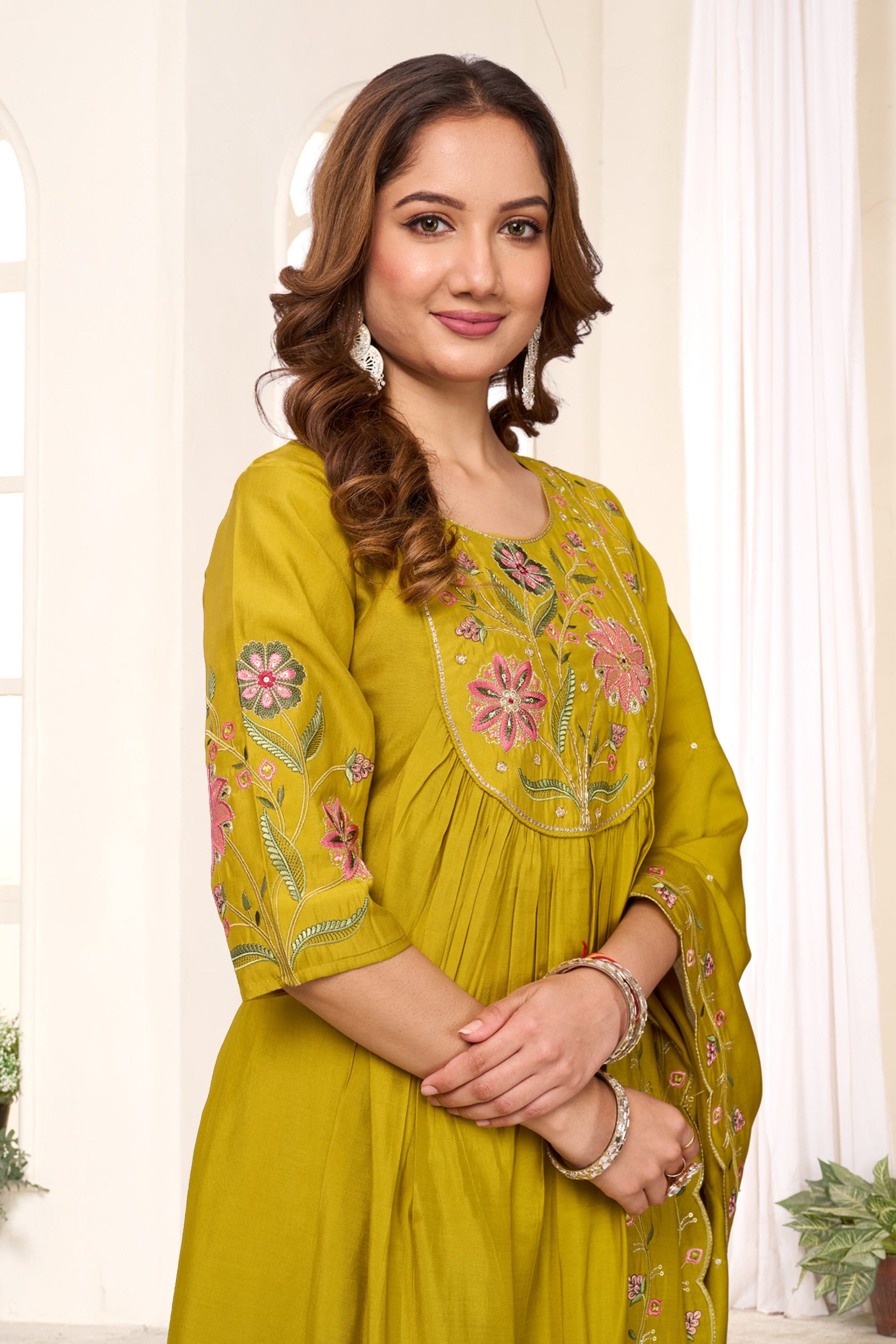 Amber Glow Silk Anarkali Pant Dupatta Set