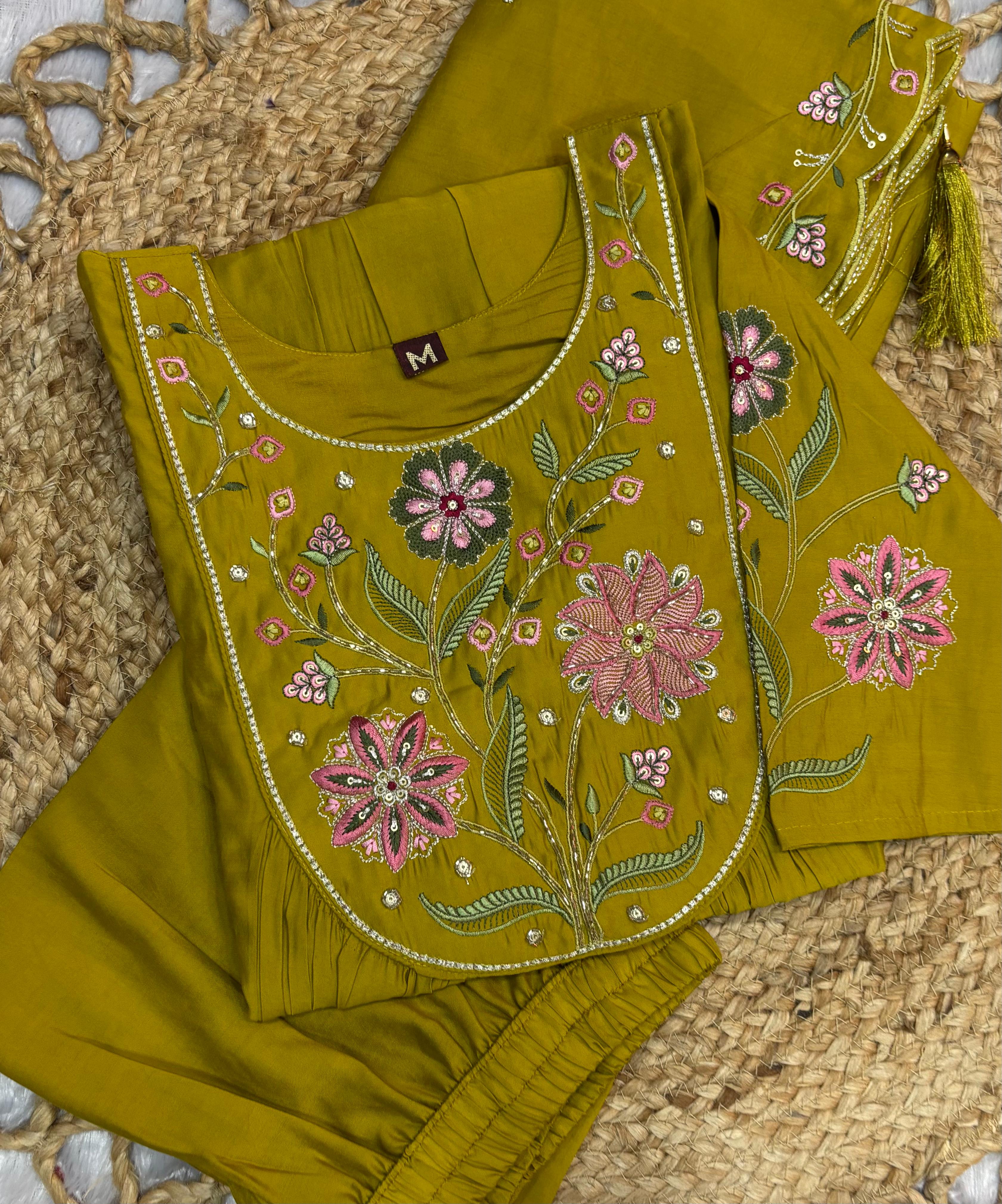 Amber Glow Silk Anarkali Pant Dupatta Set