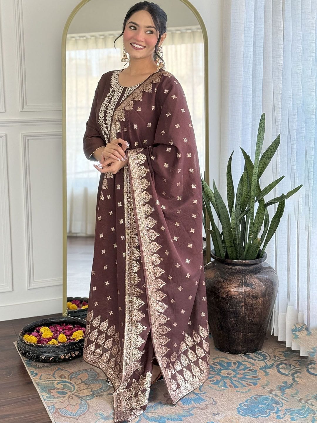 Maroon Heena Chanderi Embroidery Suit Set