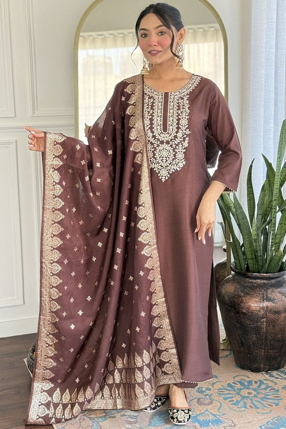 Maroon Heena Chanderi Embroidery Suit Set