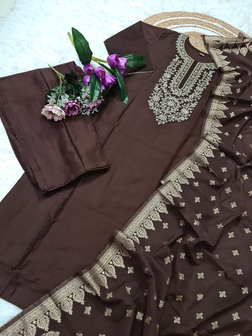 Maroon Heena Chanderi Embroidery Suit Set