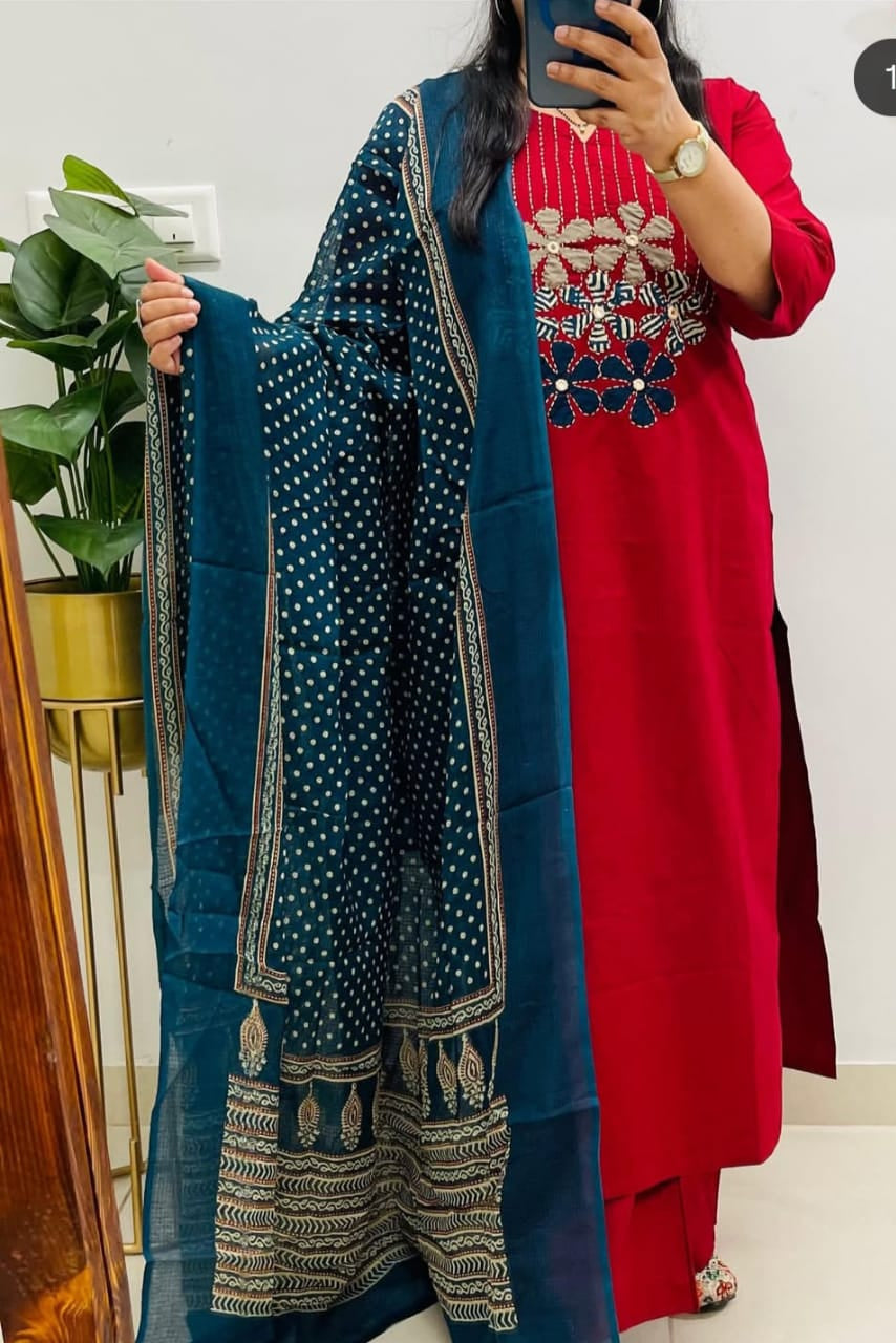 AgniSaaz A-Line Embroidered Cotton Suit Set