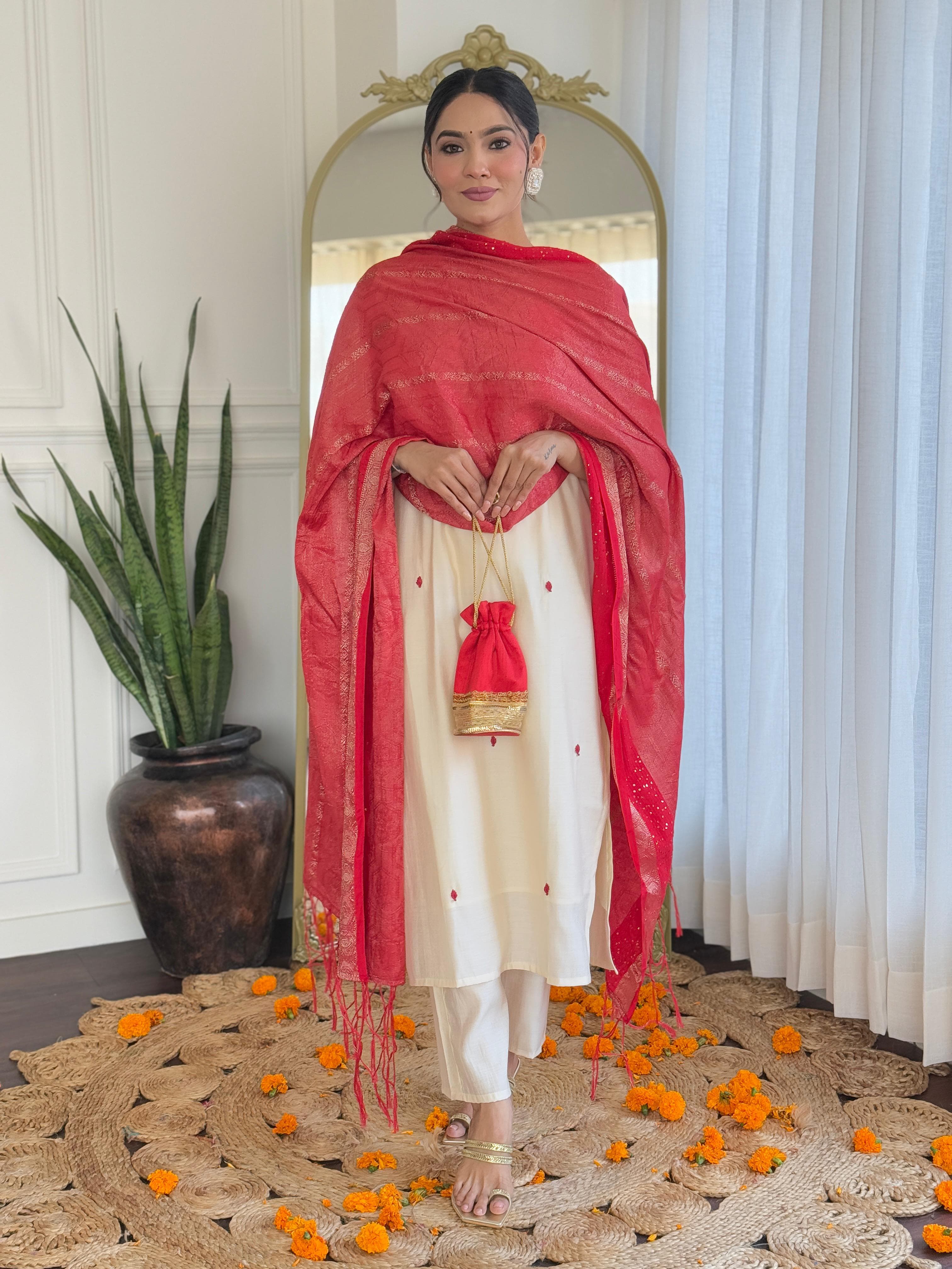 Presenting Our Premium Designer V-Neck Kurti Pant Dupatta Set