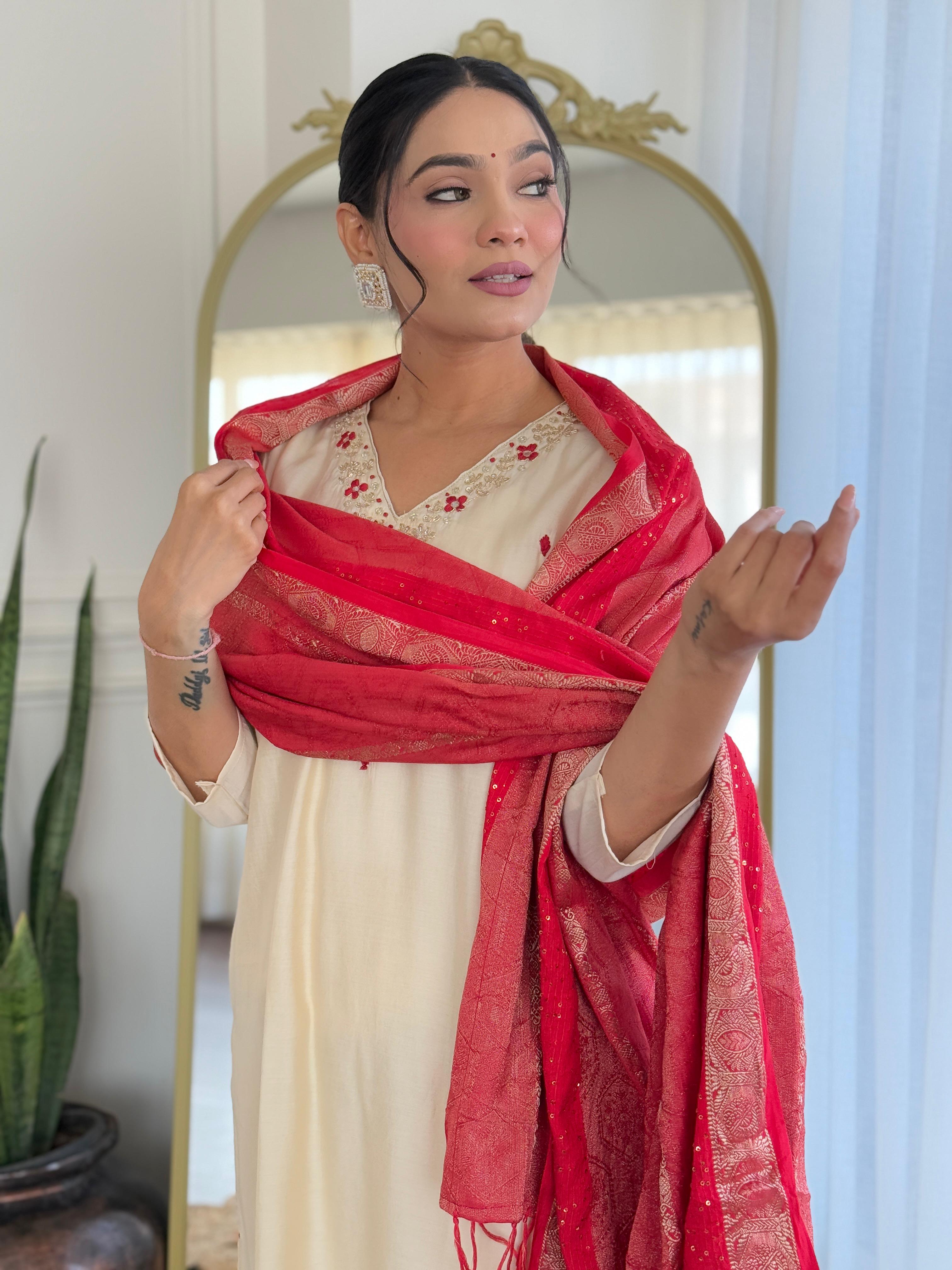 Presenting Our Premium Designer V-Neck Kurti Pant Dupatta Set