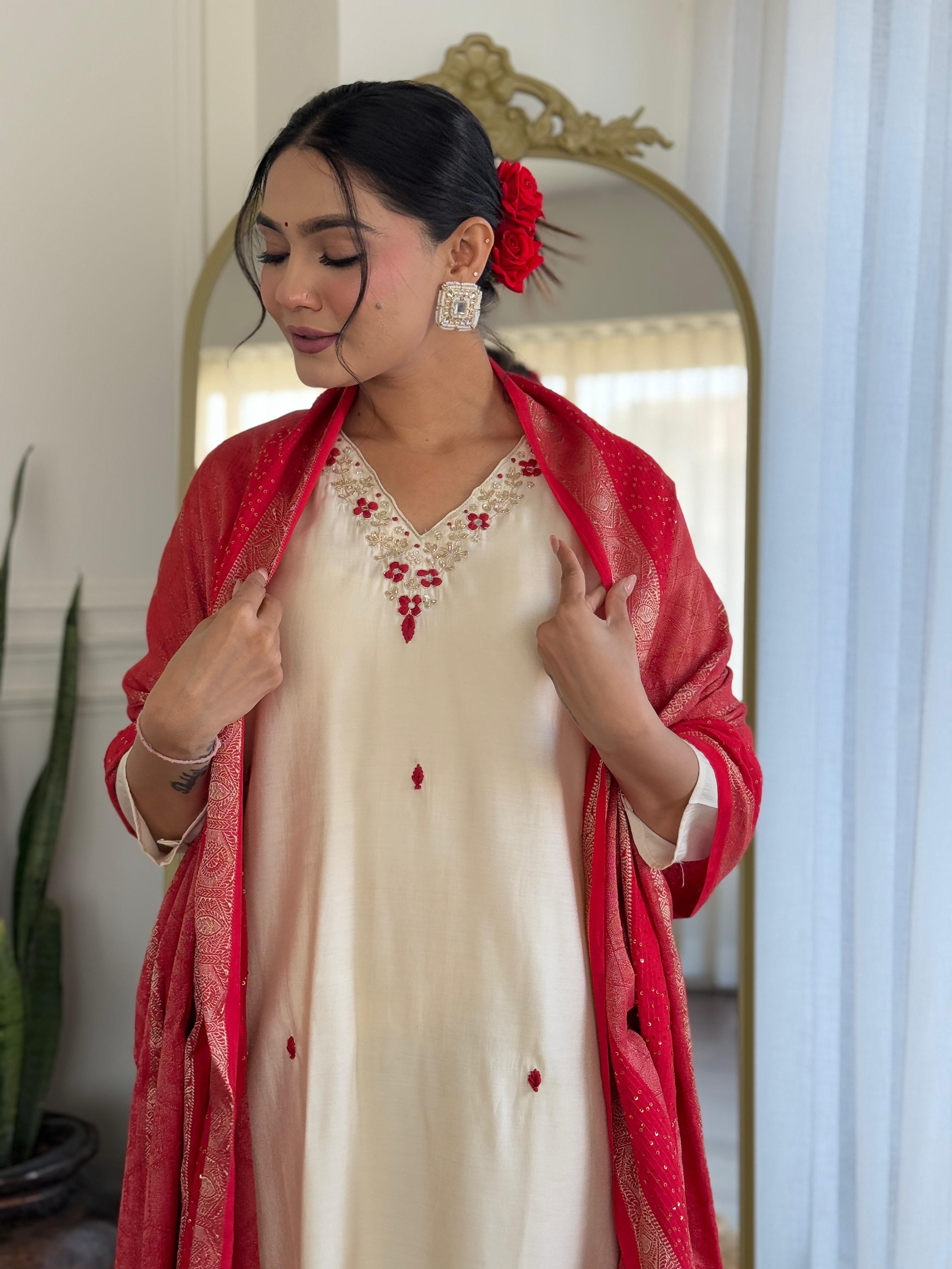 Presenting Our Premium Designer V-Neck Kurti Pant Dupatta Set