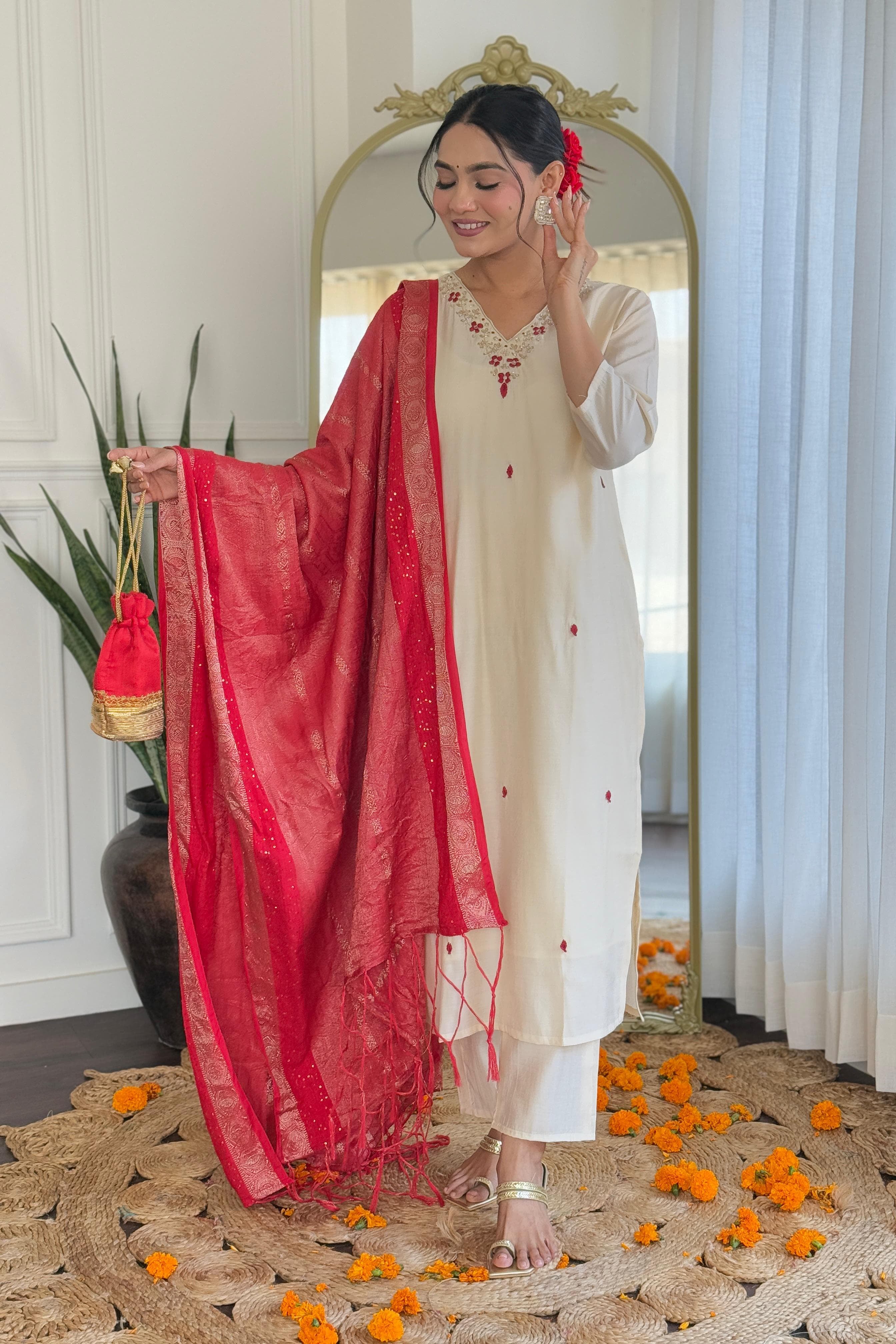 Presenting Our Premium Designer V-Neck Kurti Pant Dupatta Set