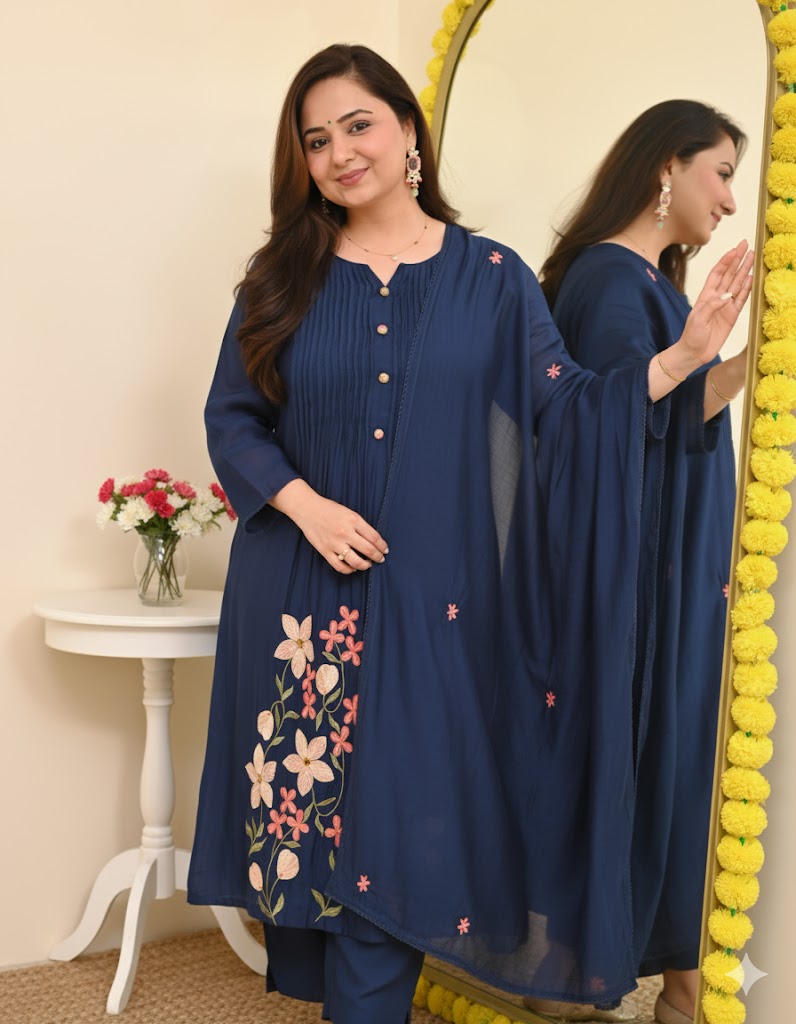 Zariya Pintex Work Kurta Pant Dupatta Set