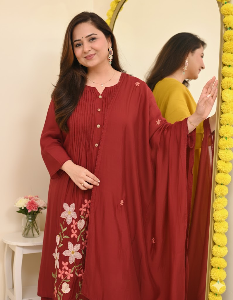 Zariya Pintex Work Kurta Pant Dupatta Set