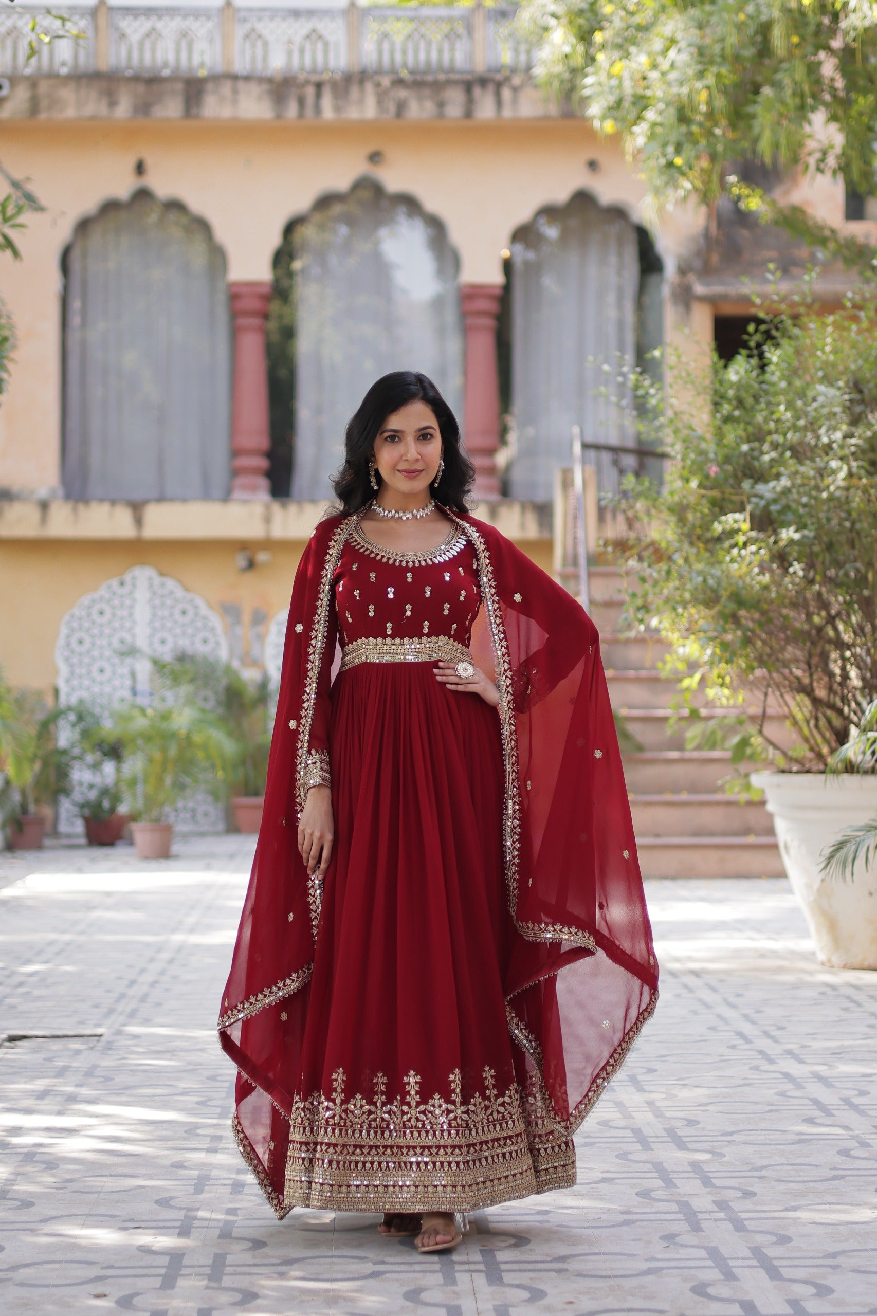 Laal Nargis Faux Blooming Gown with Dupatta