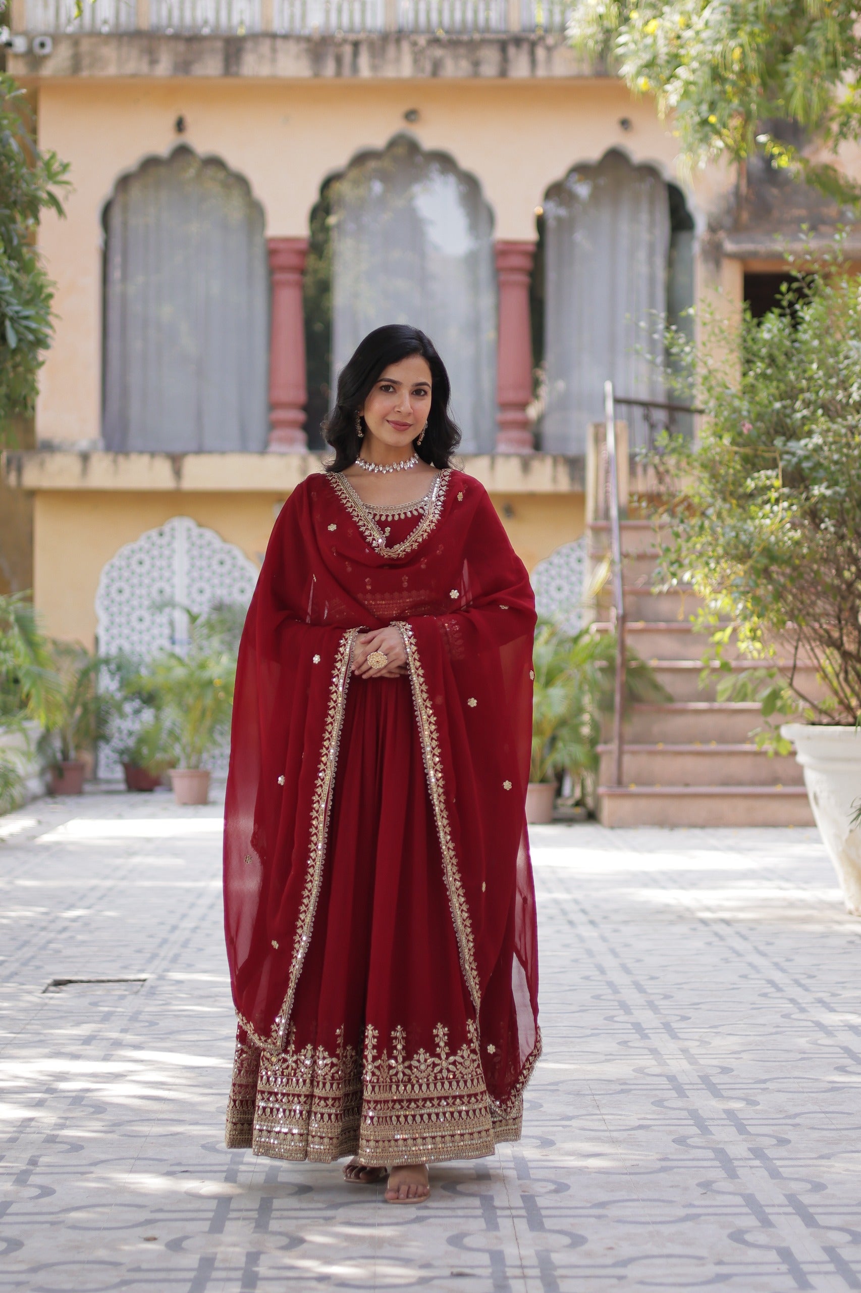 Laal Nargis Faux Blooming Gown with Dupatta