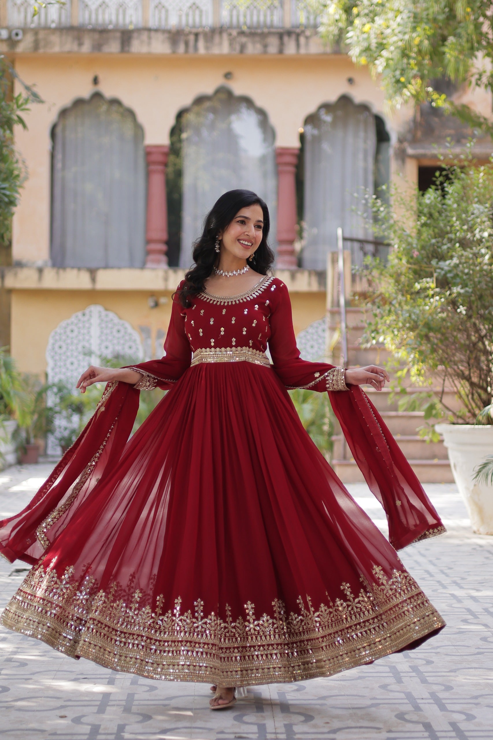 Laal Nargis Faux Blooming Gown with Dupatta