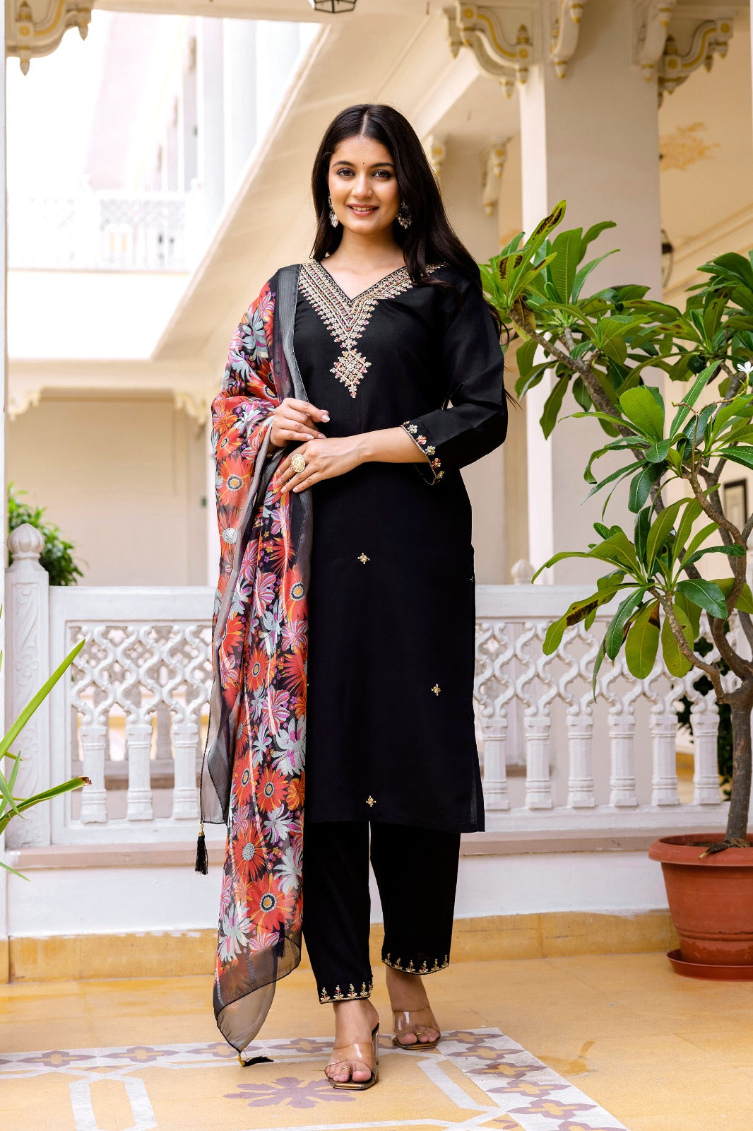 Black Noor Viscose Chanderi Embroidered Kurta Set