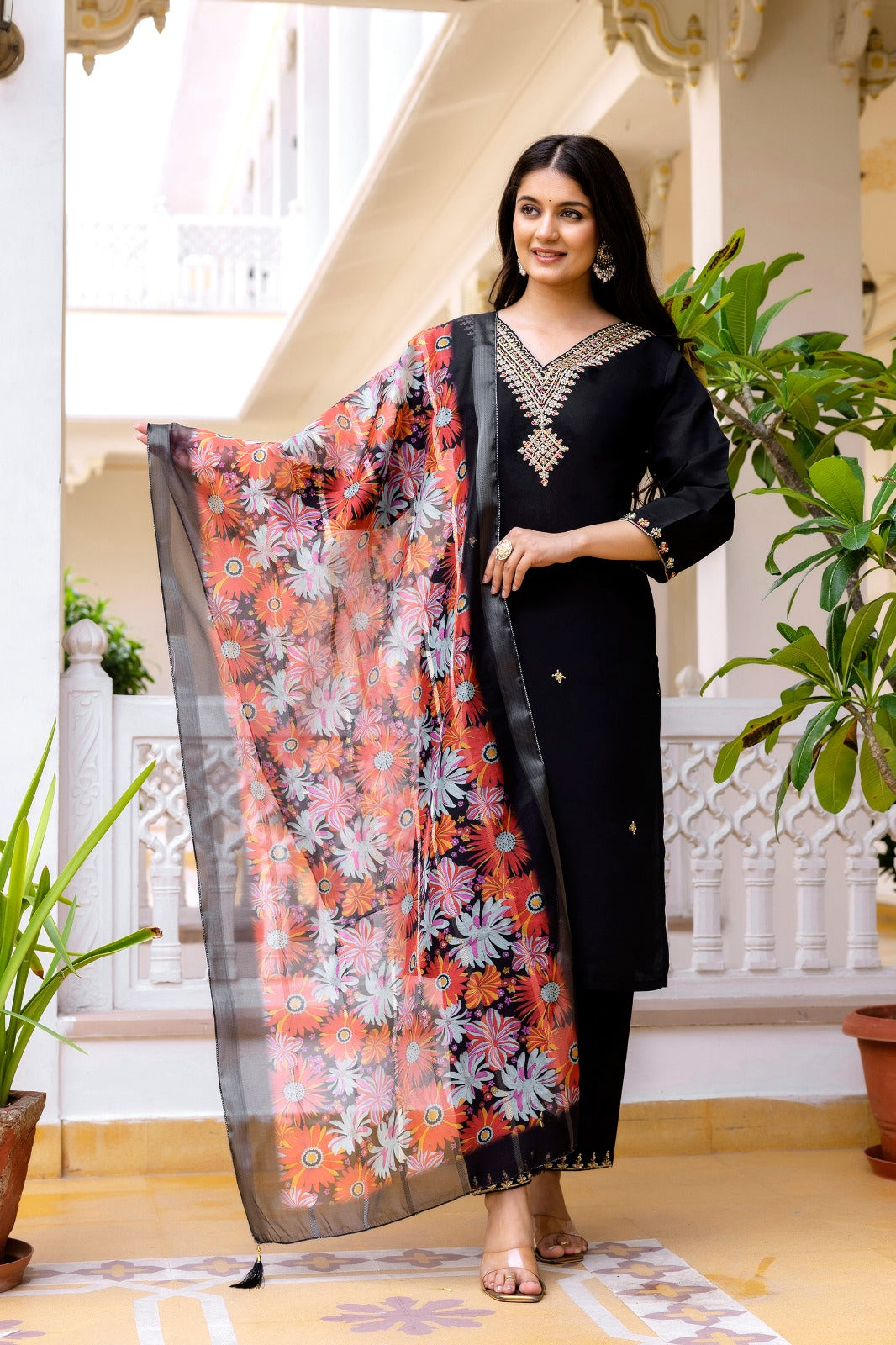 Black Noor Viscose Chanderi Embroidered Kurta Set