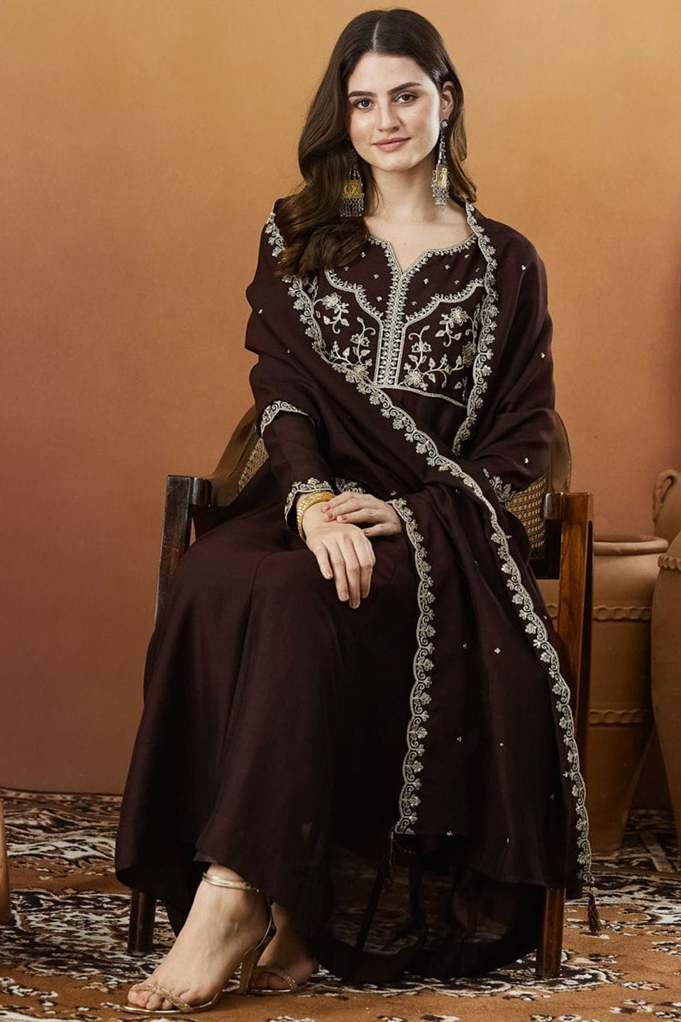 Kanika Brown Vichitra Silk Embroidered Kurta Set