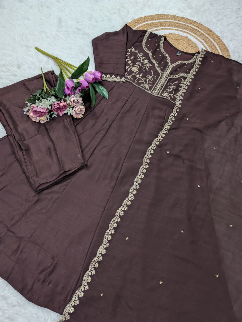Kanika Brown Vichitra Silk Embroidered Kurta Set