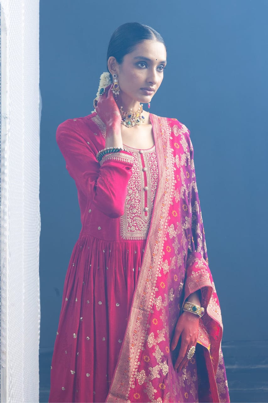 Dark Pink Noor-E-Chandni Anarkali Kurti Pant Dupatta Set