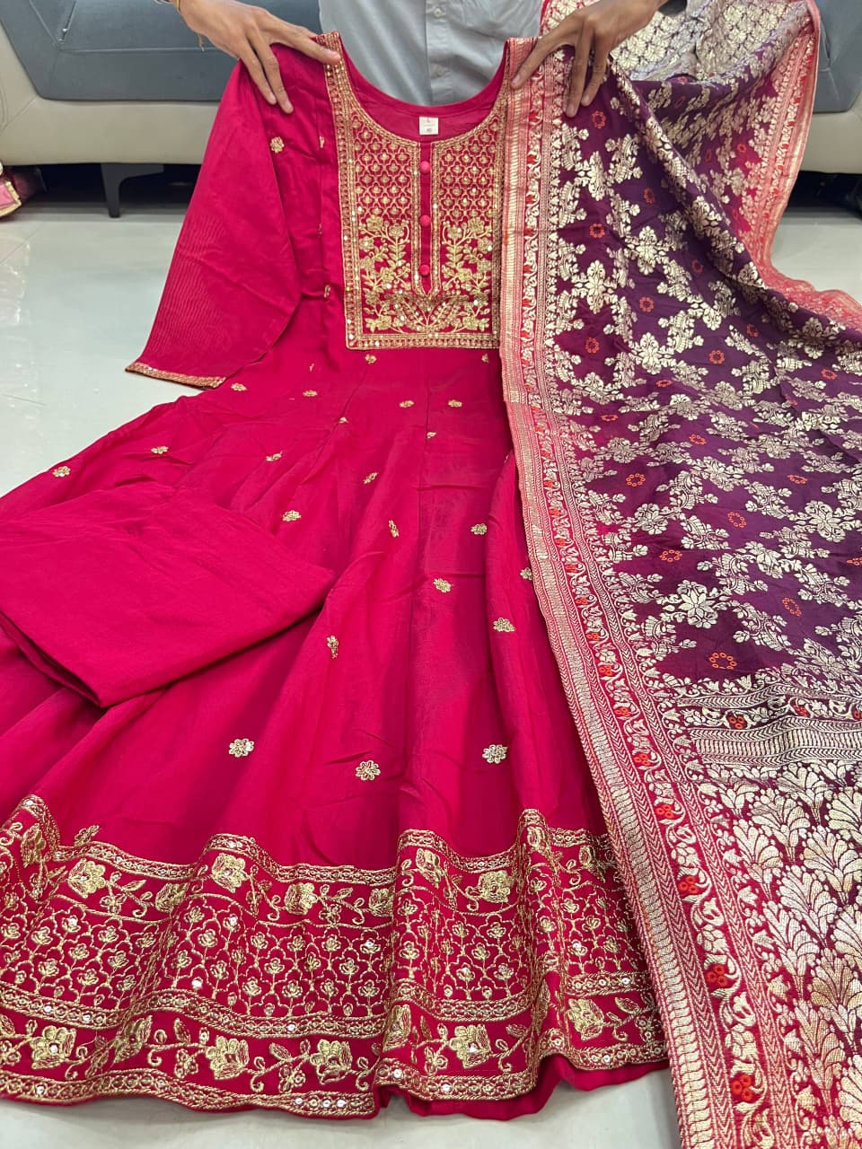 Dark Pink Noor-E-Chandni Anarkali Kurti Pant Dupatta Set