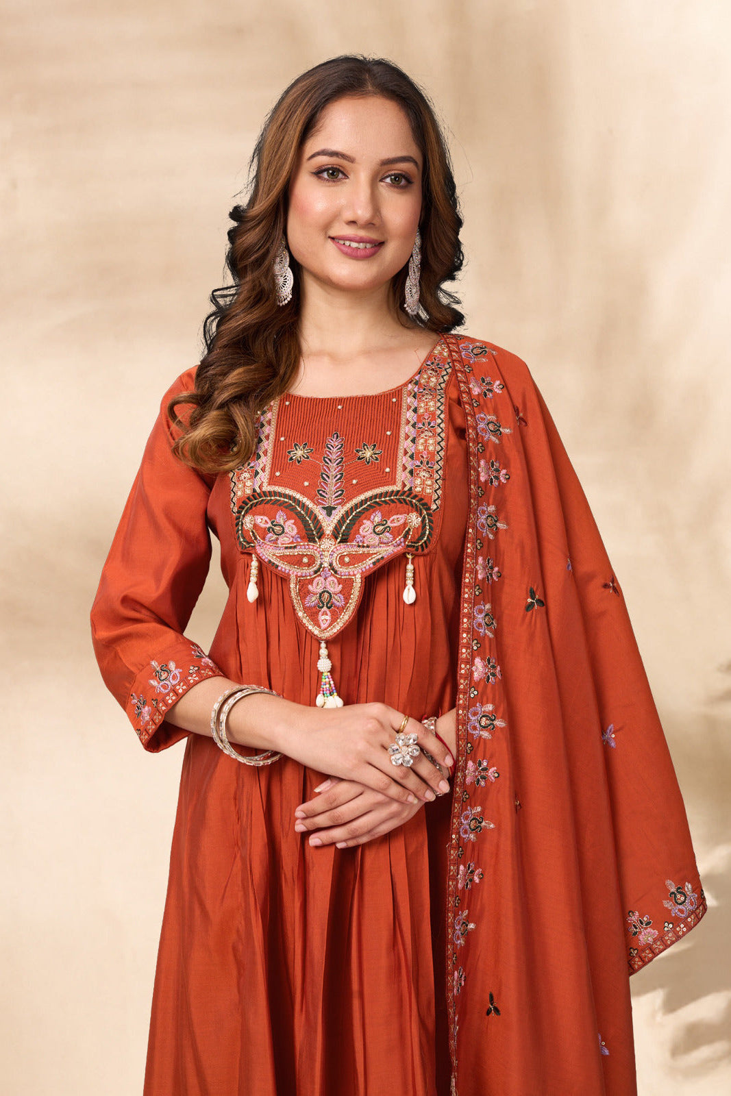 Premium Roman Silk Heavy Embroidered Anarkali Dupatta Set