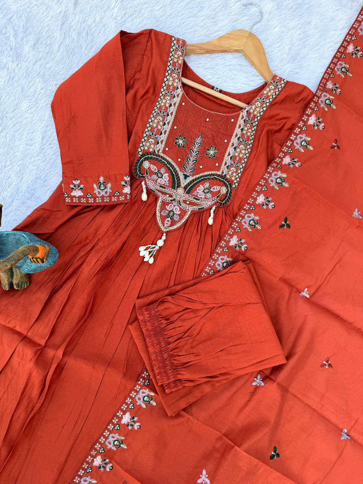 Premium Roman Silk Heavy Embroidered Anarkali Dupatta Set