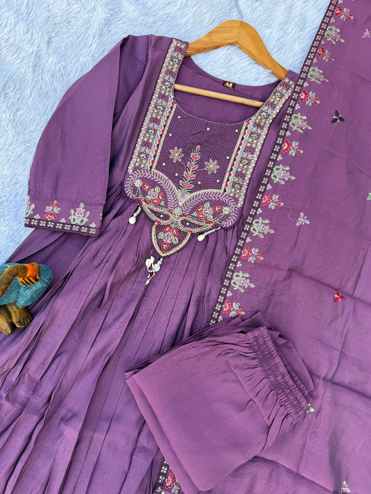 Premium Roman Silk Heavy Embroidered Anarkali Dupatta Set