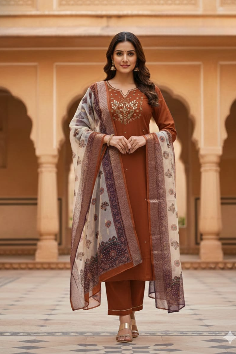 Aarvi Dark Orange Roman Silk Kurti Pant Dupatta Set