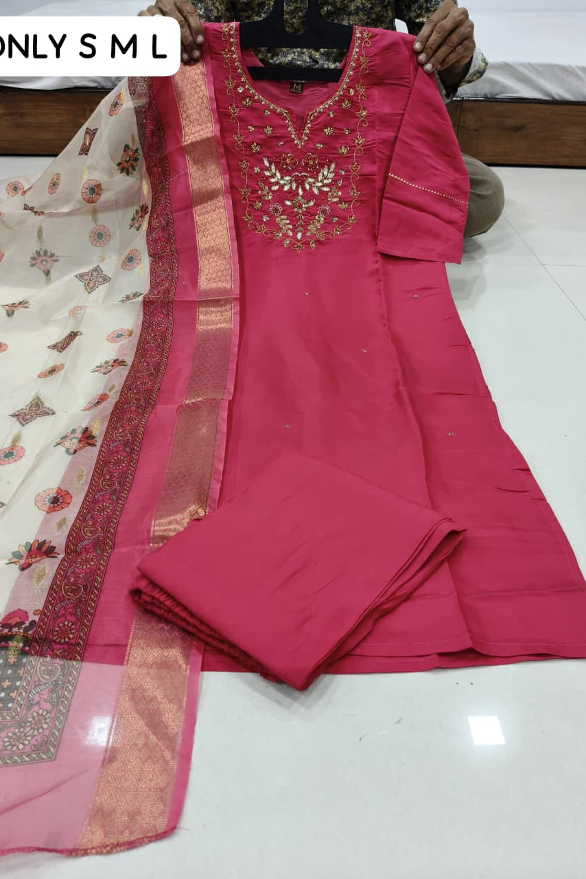 Aarvi Pink Roman Silk Kurti Pant Dupatta Set