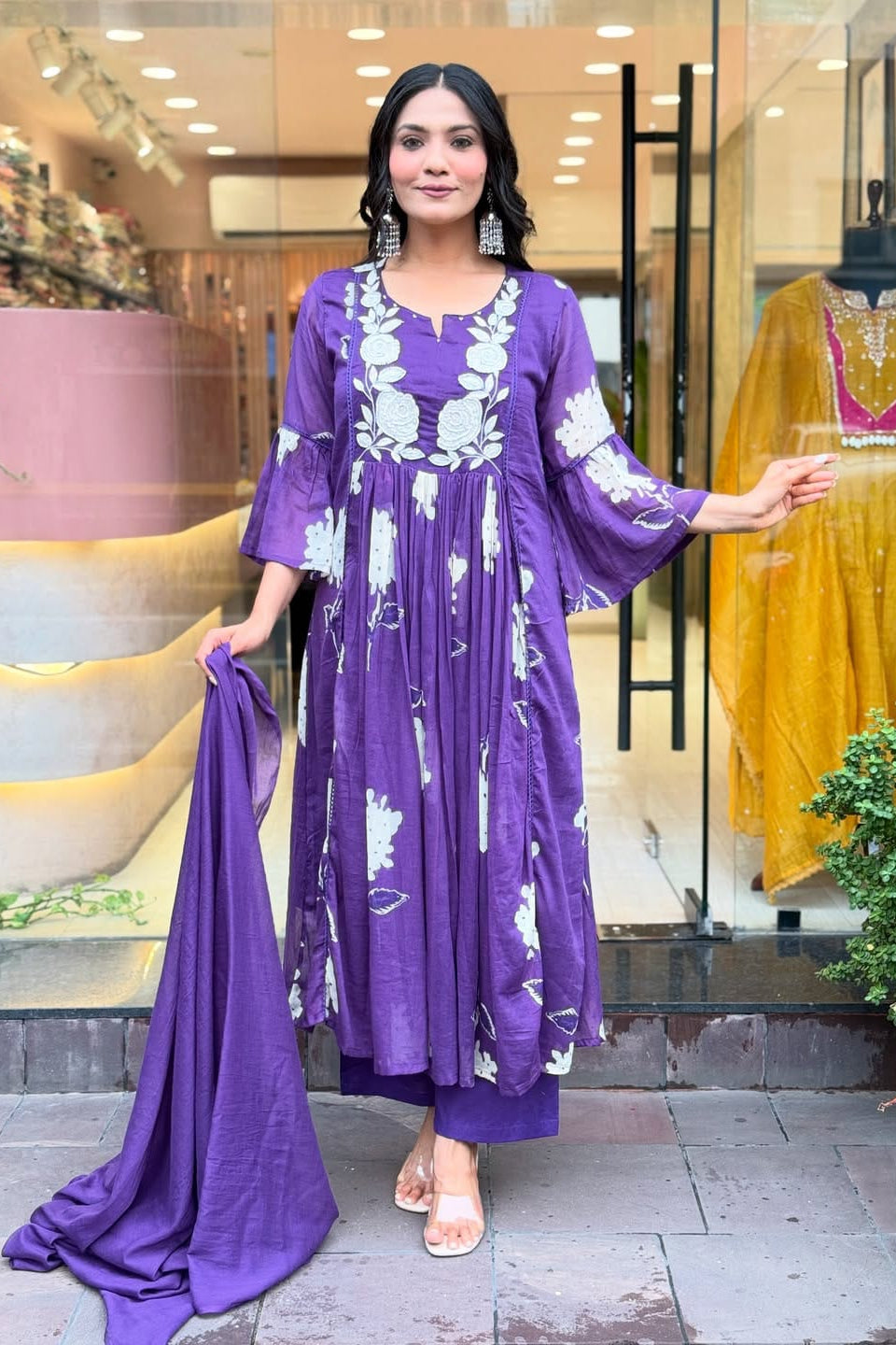 Purple Mul Cotton Floral Dupatta Set