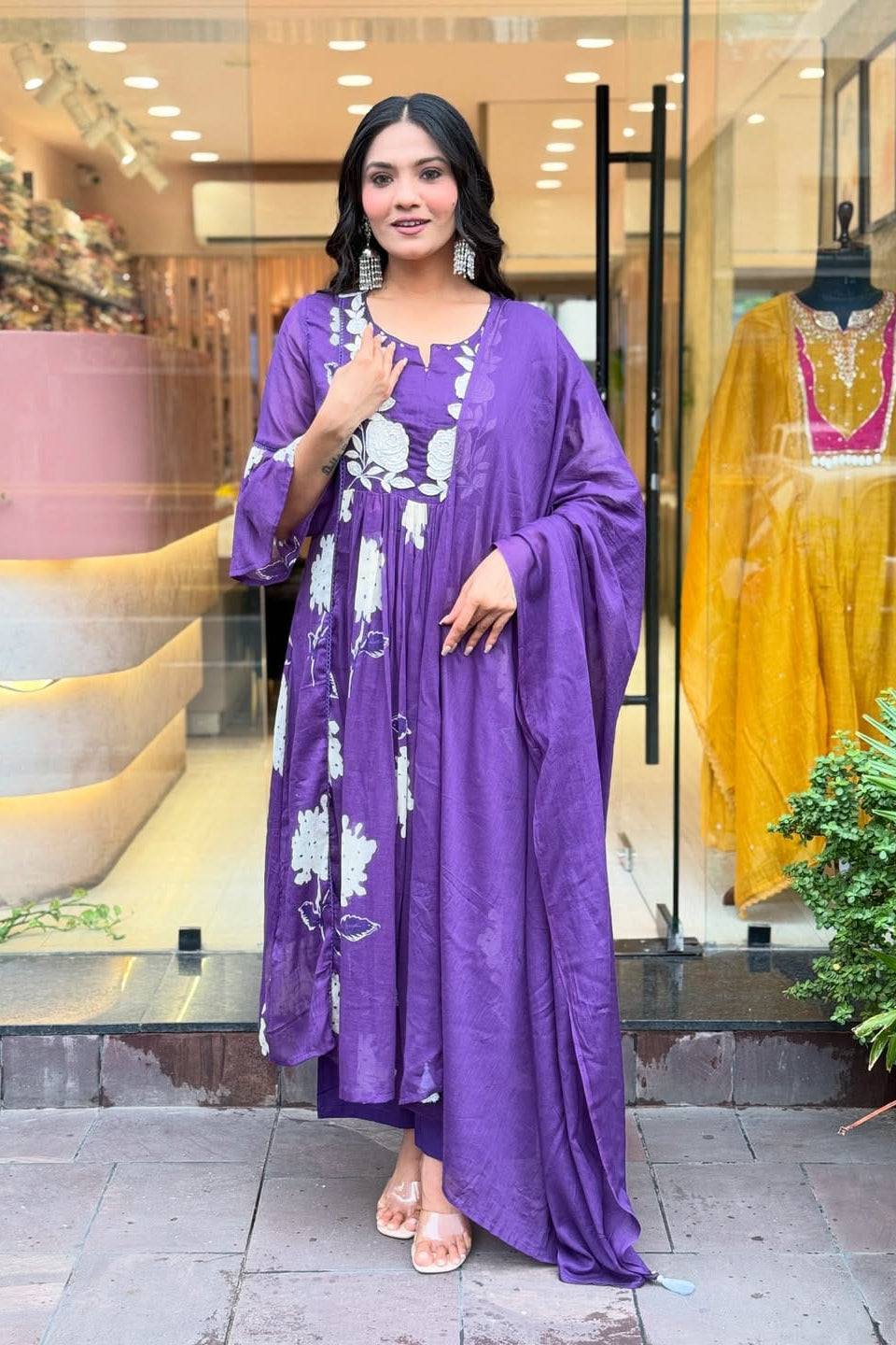 Purple Mul Cotton Floral Dupatta Set