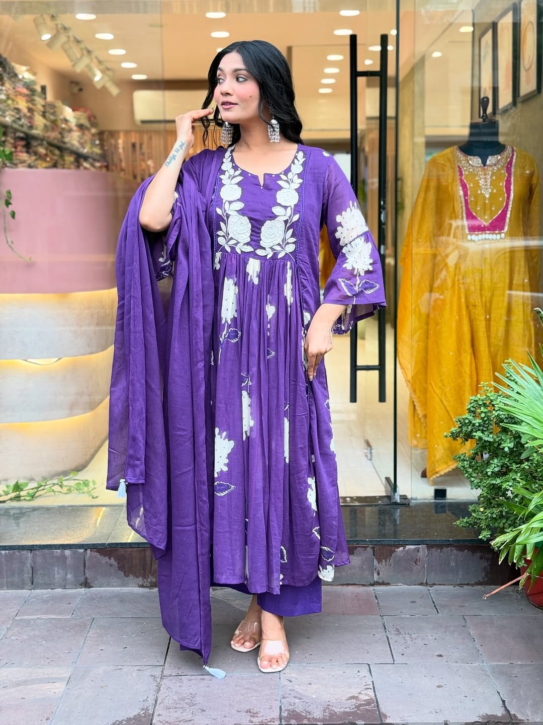 Purple Mul Cotton Floral Dupatta Set