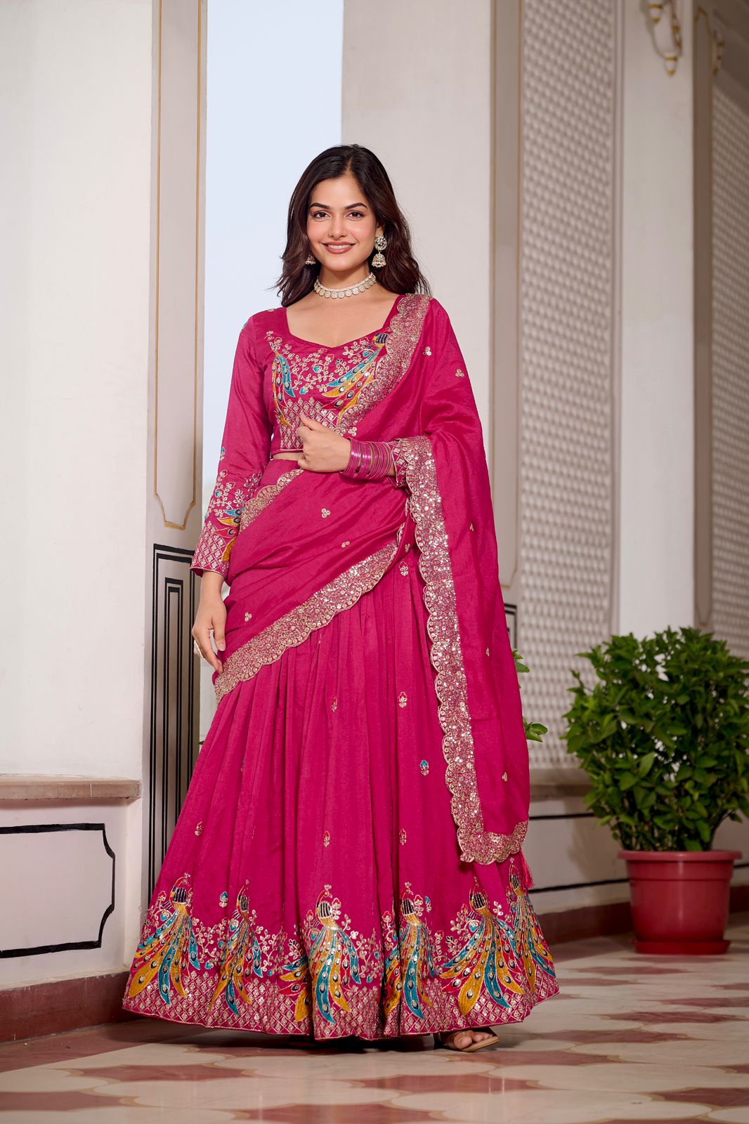 Dark Pink Rajwada Heavy Embroidery Lehenga Choli Set
