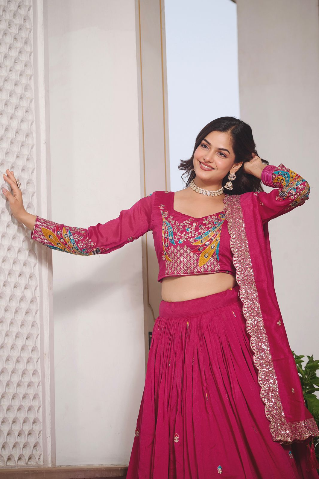 Dark Pink Rajwada Heavy Embroidery Lehenga Choli Set