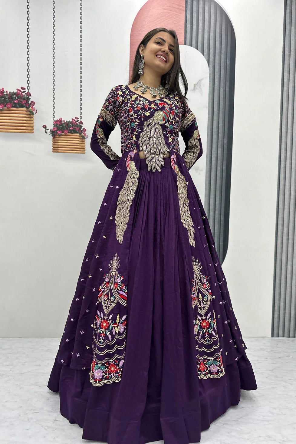 Royal Amethyst Festival Special Crop Top with Shrug Lehenga Set