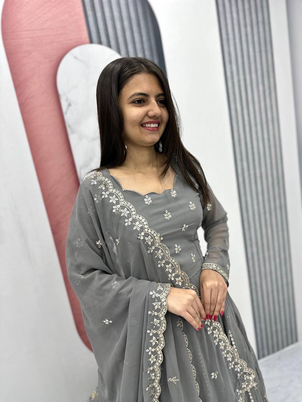 Slate Grace Embroidered Partywear Gown Set