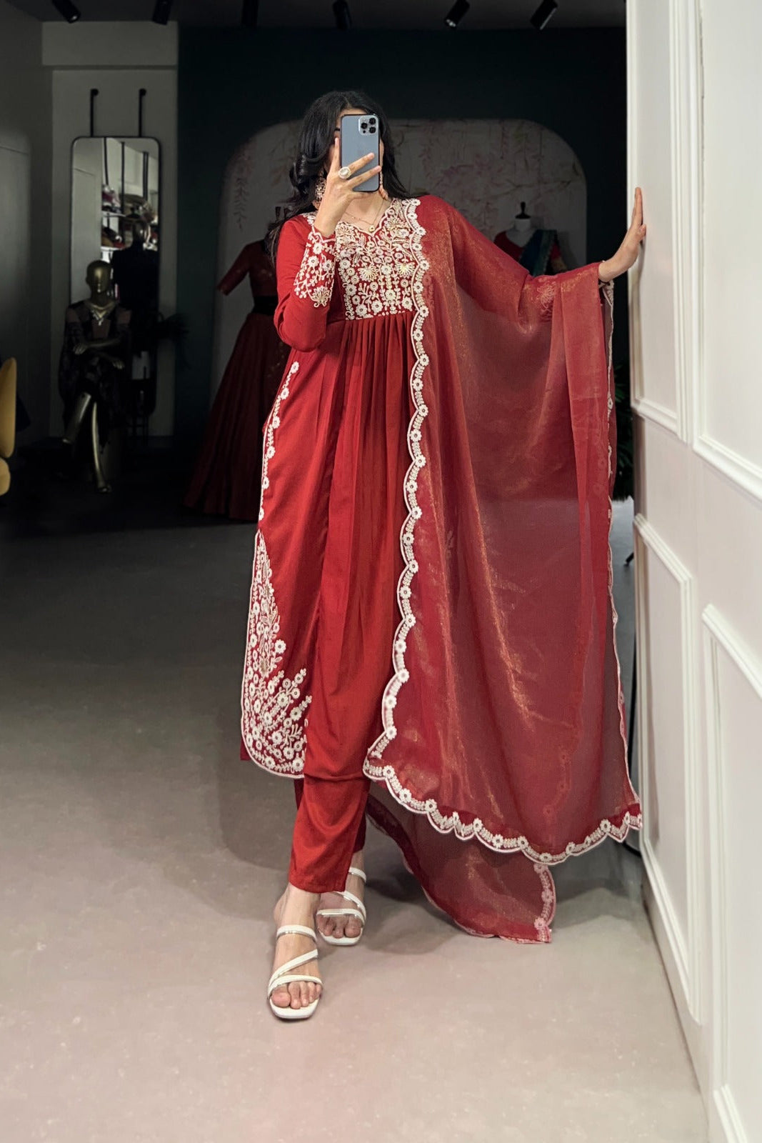 Scarlet Aura Embroidered Maska Cotton Suit Set