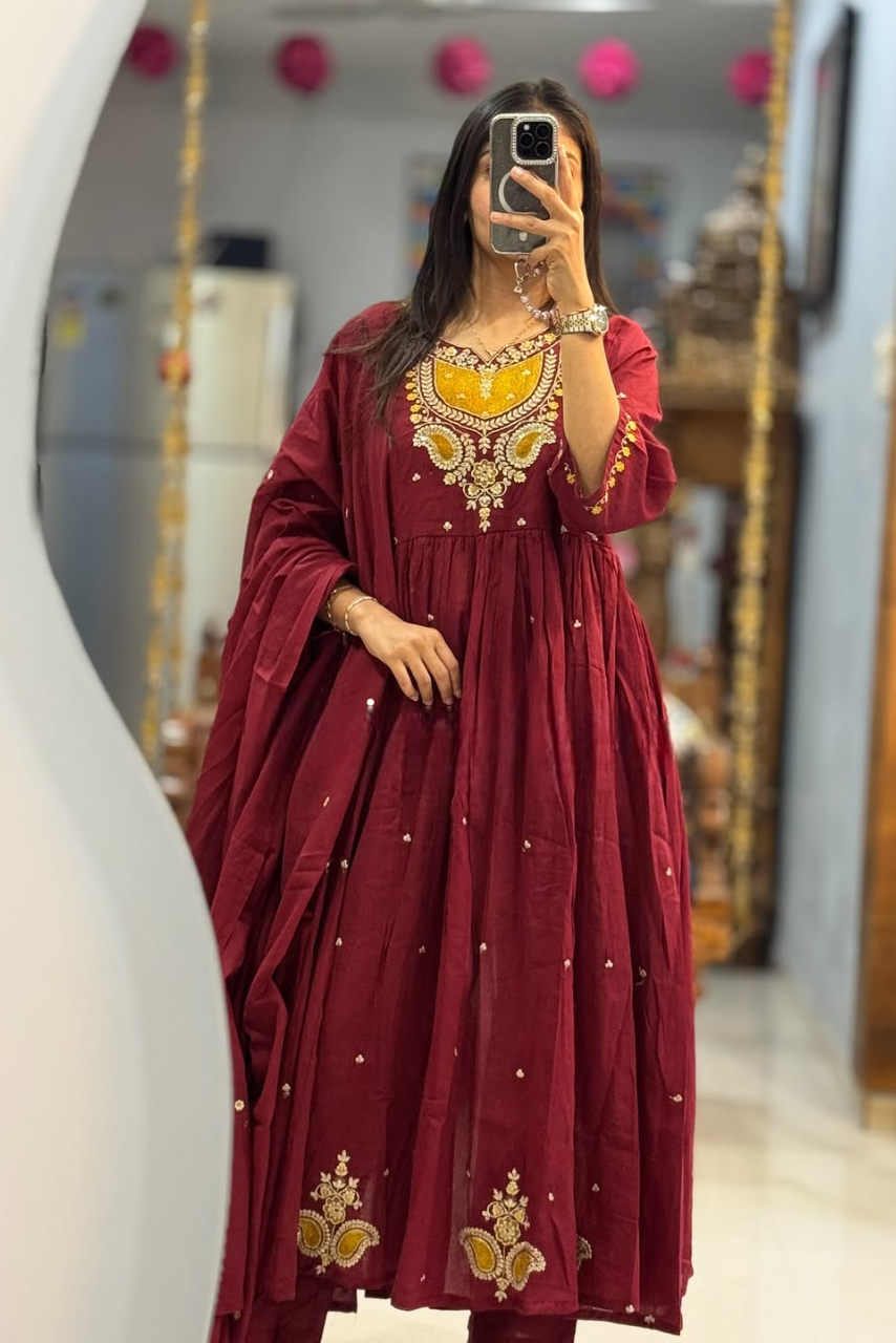 Kesariya Dhaara Pure Cotton Embroidered Suit Set