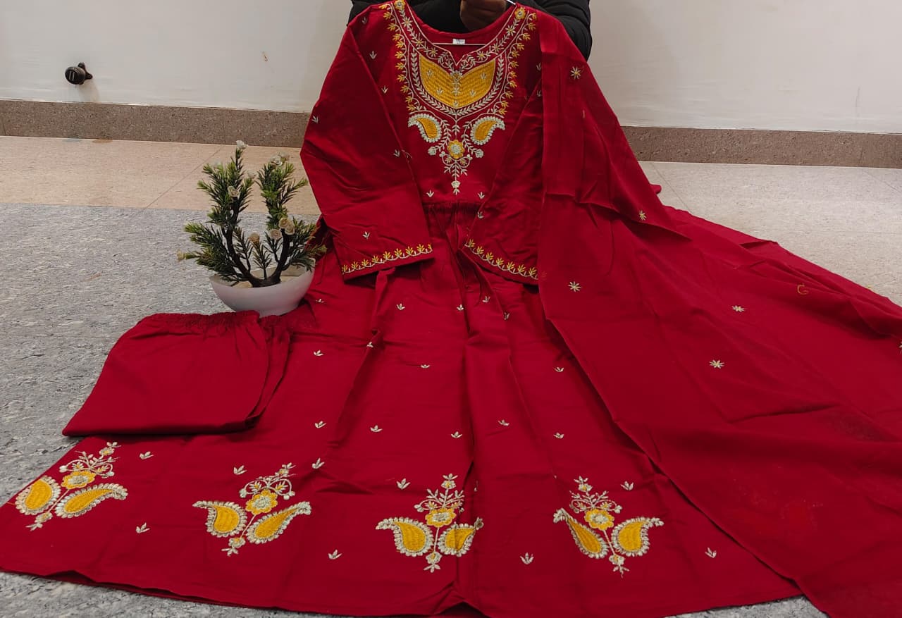 Kesariya Dhaara Pure Cotton Embroidered Suit Set