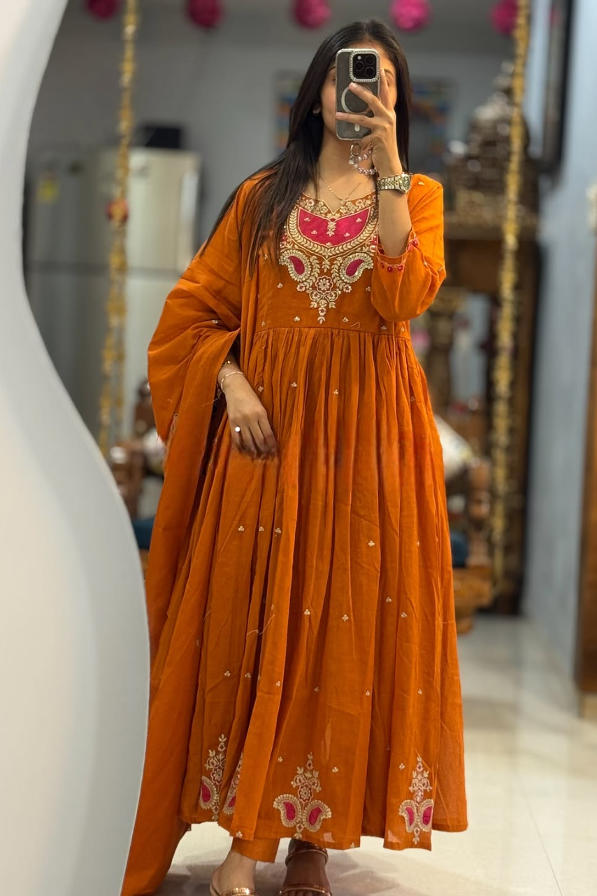 Kesariya Dhaara Pure Cotton Embroidered Suit Set