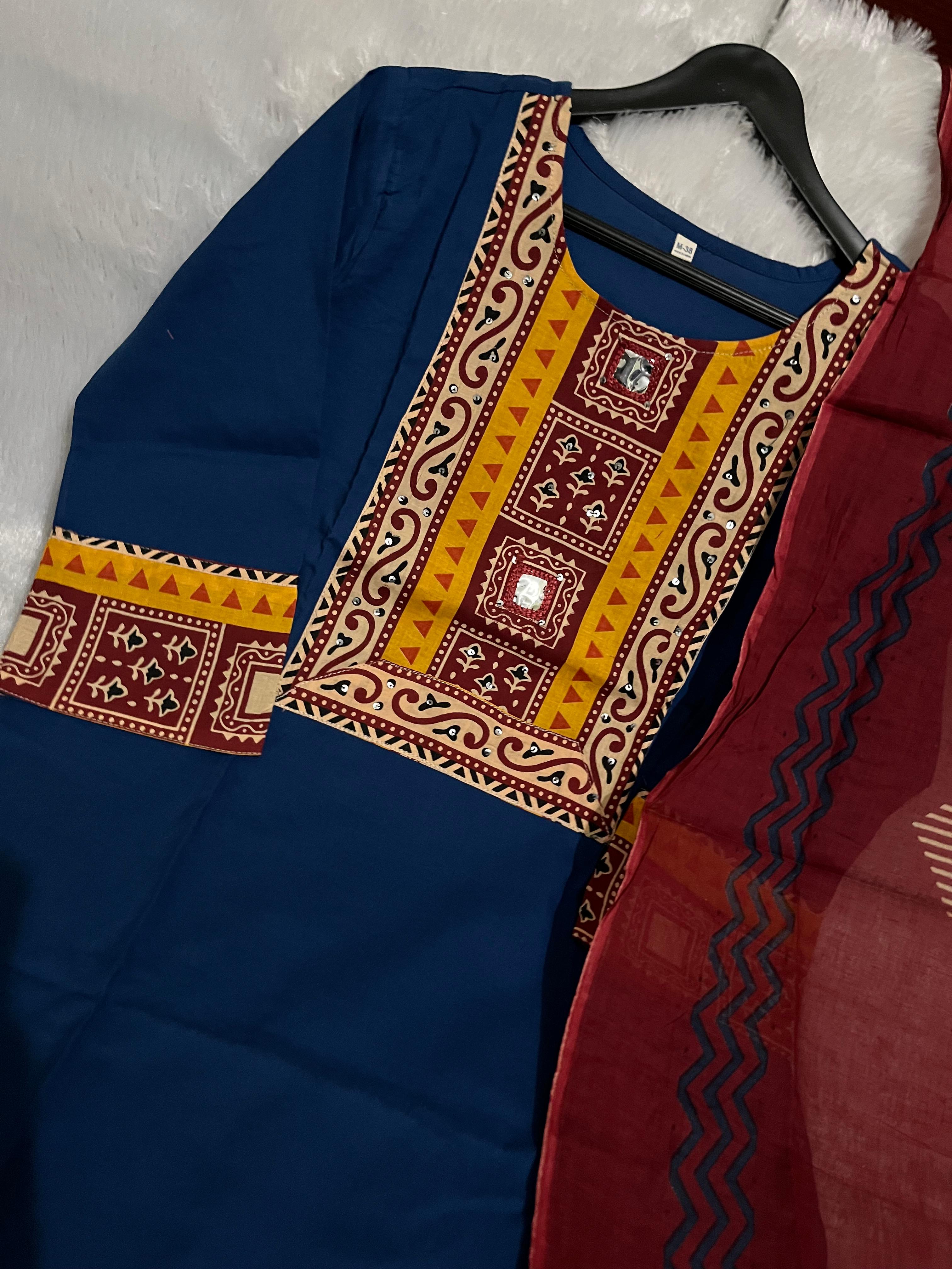 Haritva Handcrafted Pure Cotton Kurti Pant Dupatta Set