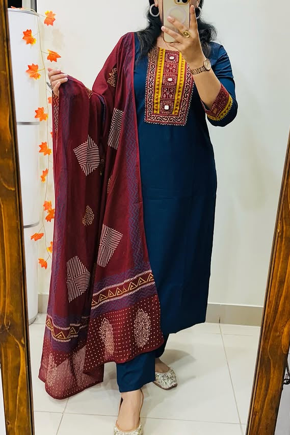 Haritva Handcrafted Pure Cotton Kurti Pant Dupatta Set