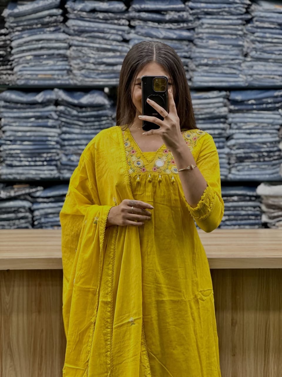 Gulnaar Yellow Cotton Anarkali Kurti Pant Dupatta Set