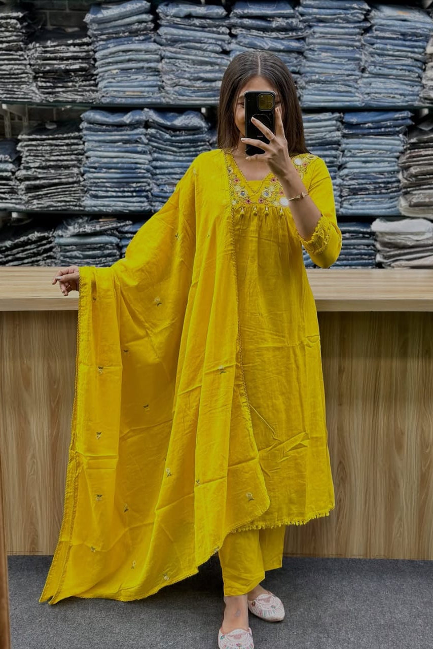 Gulnaar Yellow Cotton Anarkali Kurti Pant Dupatta Set