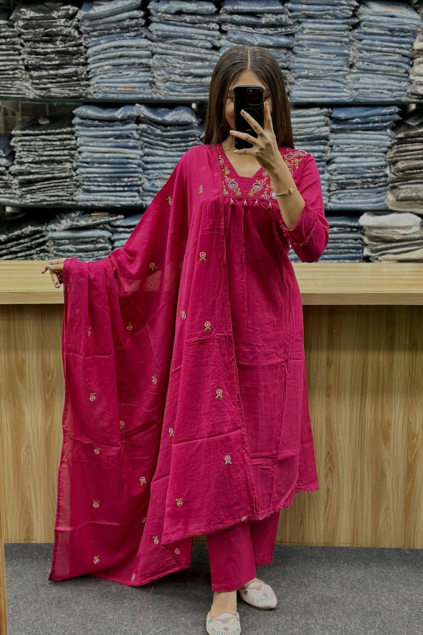 Gulnaar Pink Cotton Anarkali Kurti Pant Dupatta Set